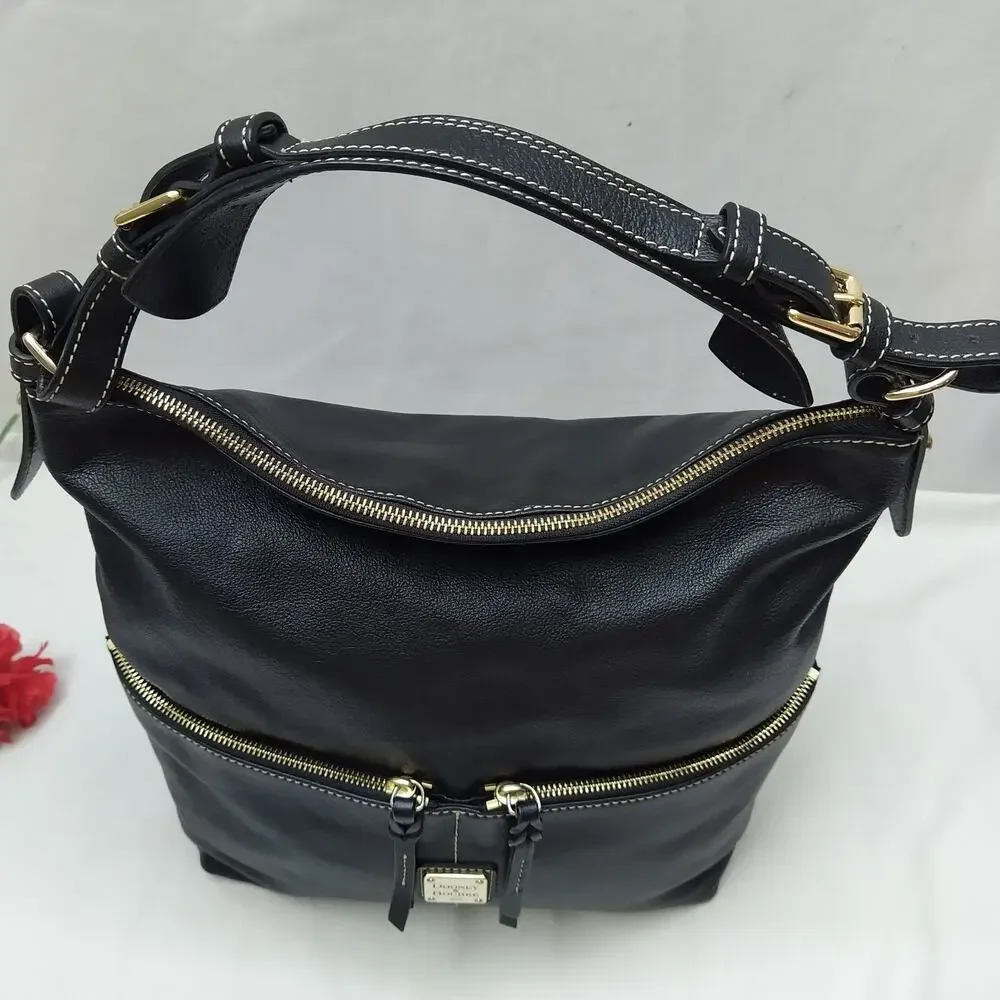 Dooney & Bourke Black Pebbled Leather Zipper Pockets Hobo Shoulder Bag